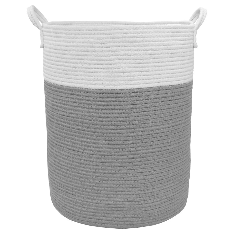 Large Cotton Rope Hamper Grey White Laundry Basket Bin Storage Nursery Decor - image 1 of 4