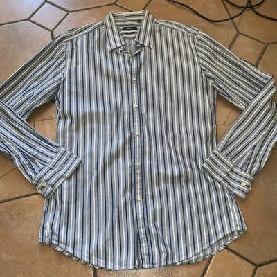 Hugo Boss Mens Size 42 Slim Fit Easy Iron Striped Shirt Blue Grey Work occasion  - Image 1 of 4