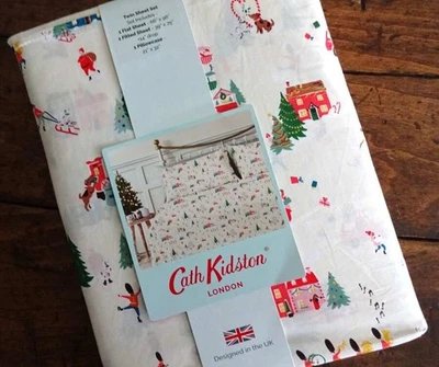 CATH KIDSTON London SNOW DAY Cream CHRISTMAS VILLAGE TWIN SHEET SET - Image 1 of 4