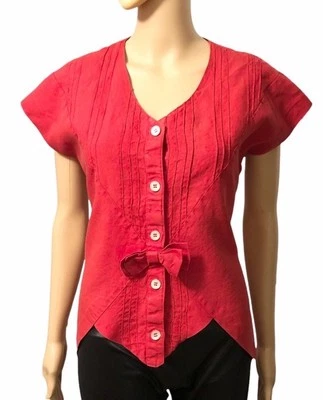 Camisa ajustada vintage hecha a mano 100 % lino roja asimétrica sin mangas talla 10 Foto 1 de 4
