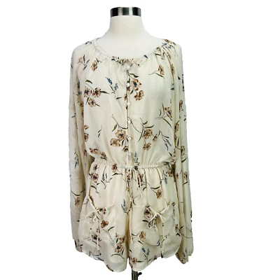 Sabo Floral Romper Sheer Bodice Ivory Balloon Sleeve Pockets Boho Feminine - Image 1 of 4