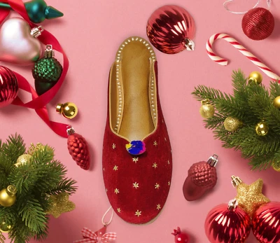 Mulas para mujer Golden Star bordadas de terciopelo rojo llamativas Foto 1 de 4