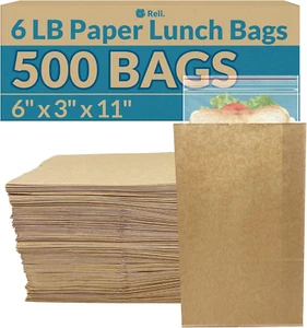 Paper Lunch Bags, 6 Lb | 500 Pcs - Bulk | Brown Paper Bags 6 Lb Capacity | Kraft - Picture 1 of 6