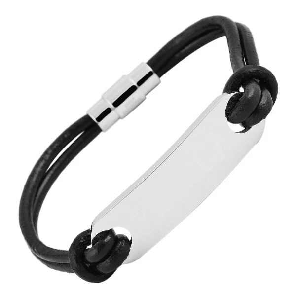 Armband Echtleder schwarz 20,5 cm mit Edelstahl Gravurplatte matt - NEU - Bild 1 von 1