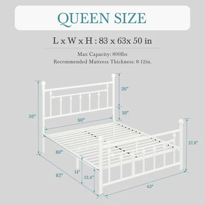 Marco de cama de metal completo y queen, cabecero y pie de cama de estilo victoriano de hierro, blanco Foto 1 de 4