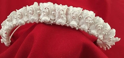 White 1" Floral Bead RADIANCE Crown Tiara Hat Head Dress - Image 1 of 4