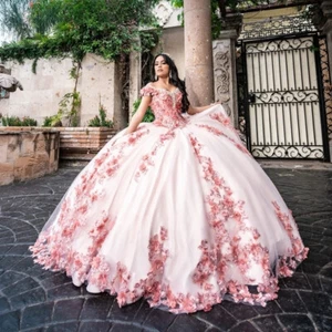 Vestido Corsé Rosa Brillante Quinceañera Vestido de Baile 3D Floral Apliques Sweet16 Vestido - Imagen 1 de 6