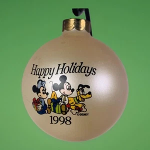 Vtg Disney 1998 Mickey, Minnie & Pluto Happy Holiday Christmas Glass Ornament - Picture 1 of 12