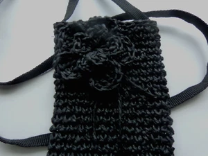 BLACK ORGANIC YARN CROCHET PHONE BAG WITH FLOWER CROSSBODY BAG BLACK LONG STRAP - Picture 1 of 5