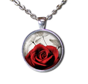 Red Rose and Money Plant - Handmade ROUND Glass Pendant Necklace - Picture 1 of 10