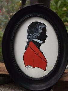 Phyllis Arnold Oval Framed Signed Hand Drawn Painted Silhouette Gent in Red Coat