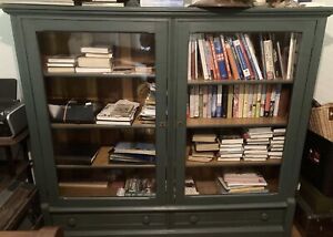 Large Antique painted (green) bookcase with glass doors