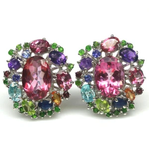 Gemstone Pink Mystic Topaz, Peridot, Amethyst, Sapphire,.. Earrings 925 Silver - Picture 1 of 4