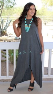 PLUS SIZE Women CHARCOAL GRAY HI LOW SLEEVELESS TANK MAXI DRESS POCKETS XL 1X 2X - Picture 1 of 3