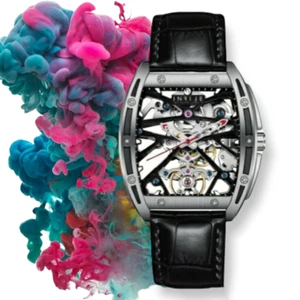 Orologio Automatico Infije Scheletrato Nero e Acciaio con Cinturino in Pelle - Imagen 1 de 6