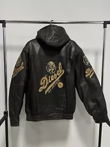 Diesel Leather Jacket Hooded Big Logo Vintage Moto - Picture 1 of 5