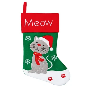 Calcetín De Navidad De Fieltro Para Gato Mascota 45cm Verde Y Rojo - Imagen 1 de 2
