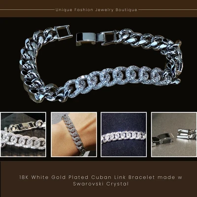 18K Platinum Plated Cuban Chain Bracelet made w Swarovski Crystal Elegant Gift - Image 1 of 4