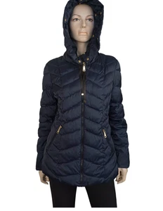 T TAHARI sz M Navy Hooded Quilted Puffer Jacket without FUR TRIM - Picture 1 of 4