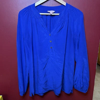LILLY PULITZER ELSA 100% SILK BLOUSE Size M Royal Blue/purple - Image 1 of 4