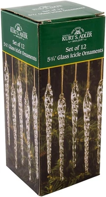 Kurt Adler 5-1/4-Inch Glass Icicle Ornament 12-Piece Box Set, Clear, 1 Pack