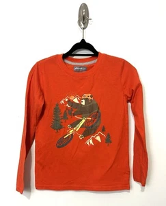 Eddie Bauer Top Boys Graphic T Shirt Tee Small 7/8 Kids Orange Bear Hiking Camp - Picture 1 of 5