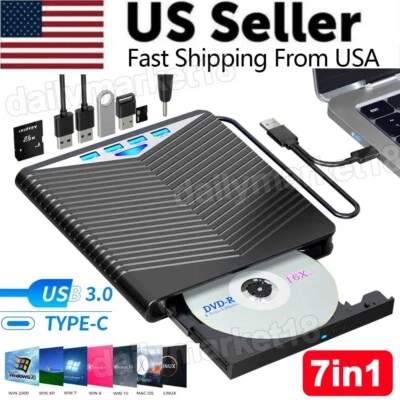External CD DVD Drive for PC Laptop Windows 11 10 USB 3.0 Burner Reader Writer - Image 1 of 4