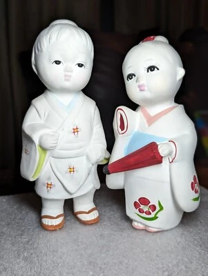 Par De Muñecas Japonesas De Arcilla Hakata-Ningyo De Colección Tradicionales Blancas Foto 1 de 4
