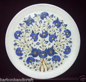 Servizio piatto marmo bianco vera pietra lapislazzuli intarsiato mosaico lavoro tavolo decorazione H2141 - Foto 1 di 4