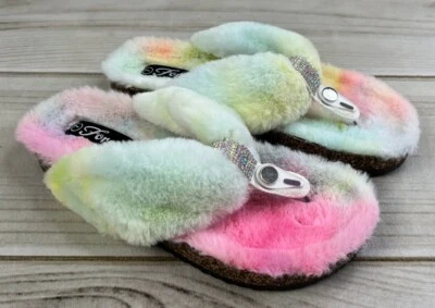 Forever Link Womens Colorful Rainbow Faux Fur Multicolor Thong Sandals Flip Flop - Image 1 of 4