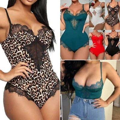 Para mujeres Borde de Pestañas Underwrie Entrepierna a Presión Una Pieza Encaje Lencería Body Prendas para el torso Foto 1 de 4