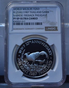 1987 200 BAHT THAILAND WWF SIAMESE FIREBACK PHEASANT NGC PF69 UCAM SILVER COIN - Picture 1 of 6