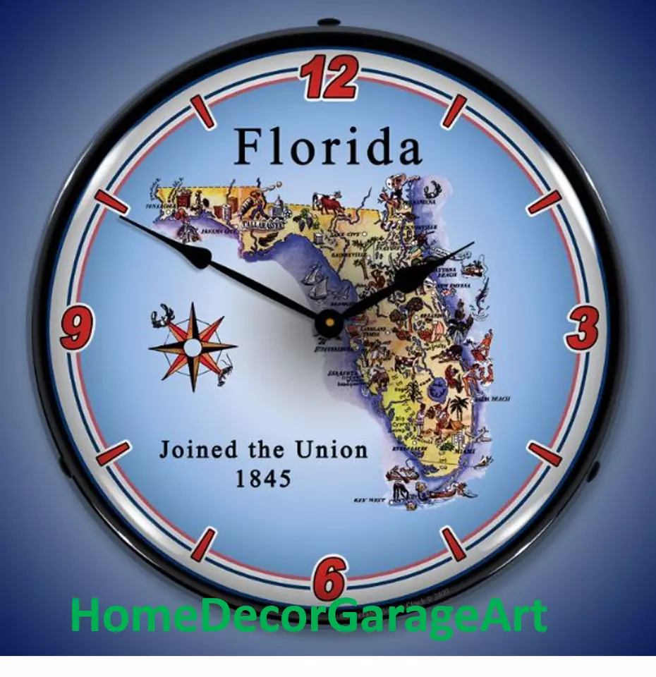 Reloj de pared Florida State Map 1845, arte de garaje HDGA Foto 1 de 4