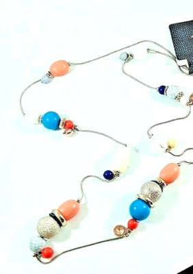 PRÓXIMO Colar Longo de Corrente em Tom de Prata com Contas Rosa Azul Branco NOVO - Imagem 1 de 4