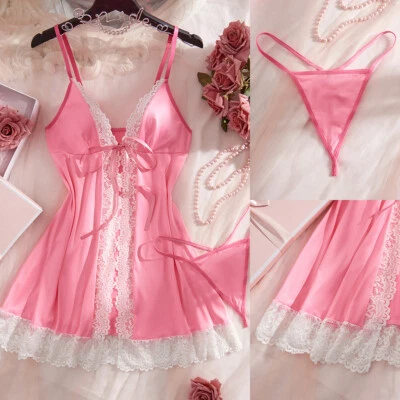 Sexy lencería rosa para mujer frente abierto babydoll ropa interior vestido de encaje conjunto tanga Foto 1 de 4