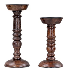 2er Set Kerzenhalter H20-25cm Mango Holz Braun Kerzenständer Rustikal Tischdeko - Bild 1 von 6