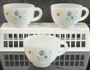 3 Vintage 50s Federal Milk Glass Atomic Flower Leaf Coffee Tea Mug Cup 6 oz - Picture 1 of 8