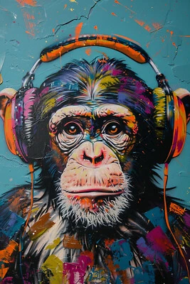 Banksy Style DJ Monkey Canvas Picture Print Wall Art - Image 1 of 4