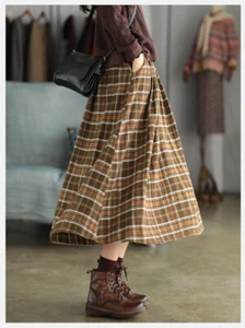 Line Retro Pleated Half Dress Pocket Women Cotton Linen Skirt Check Plaid A - Picture 1 of 8