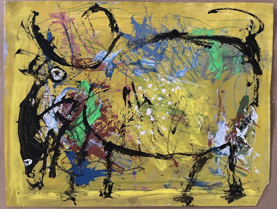 Acrílico sobre papel con toro en Art Brut, arte popular mexicano estilo Outisder Art Foto 1 de 2