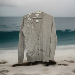 Cardigan maglione Ann Taylor Loft grigio paillettes e strass taglia small scollo a V nuovo - Foto 1 di 23