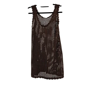 Boho Brown Crochet Knit Tank Dress Cover Up Mini Dress Beach Vacation Small - Picture 1 of 4