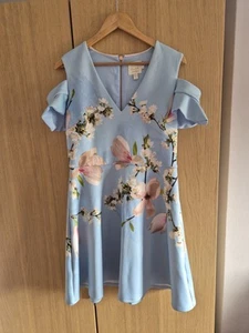 Worn Once Ted Baker £169 RARE Size 4 UK 14 16 Blue Floral Cold Shoulder Dress - Picture 1 of 5