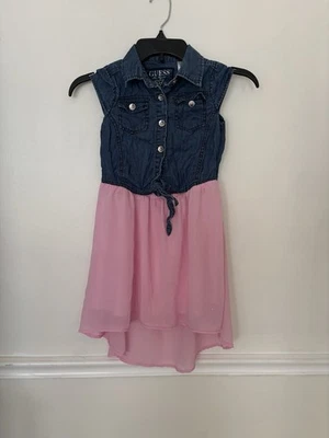 Guess Girls Denim And Pink Chiffon Dress Size M 10/12 - Image 1 of 2