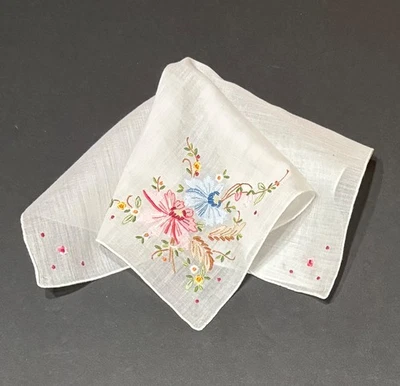 De Colección Pañuelo Hankie Bordado Floral Esquina Rosa Azul Flores Bordes Enrollados Foto 1 de 4