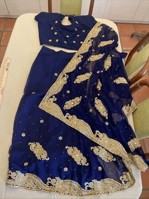 Sari Wedding Indian Designer Party New Bridal Women Embroidery 2pc Blue Gold Z58 - Image 1 of 4