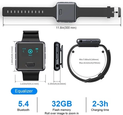 BLUETOOTH 32GB MP3 PLAYER Sports Watch, Clip, Earbuds & Charging Bundle to 128GB - Image 1 of 4