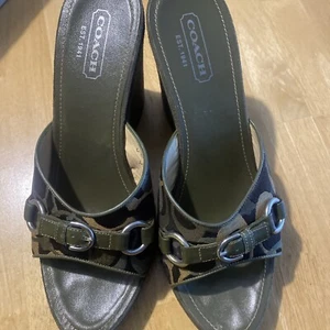 Coach Wedge Sandals Sz 8 Olive Green-Brown Signature Slip On Silver Hardware - Picture 1 of 9