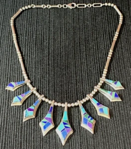 CALVIN BEGAY .925 NAVAJO LAPIS & OPAL INLAY BEADED NECKLACE 15" 32.1G - Picture 1 of 9