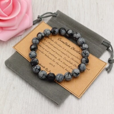 Pulsera OBSIDIANA COPO DE NIEVE ajuste elástico hecha a mano + bolsa de regalo y tarjeta 4/6/8 mm Foto 1 de 4